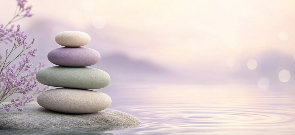 Softly balanced stones beside calm water — representing mood balance and stability in bipolar disorder